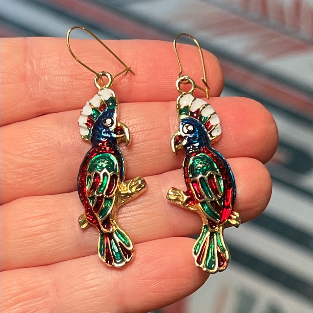 Vintage Colorful Enamel Parrot Gold Tone Dangle Earrings